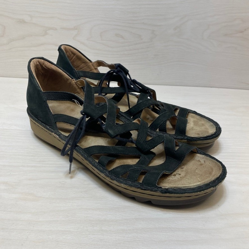Naot Womens 42 Gladiator Sandals‎ Lace Up Wedge Black Nubuck Leather Strappy